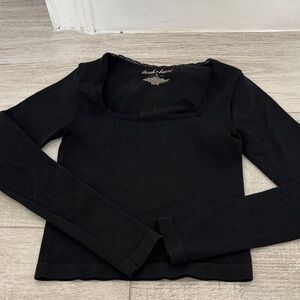 Derek Heart Black Ribbed Square Neck Long Sleeve Tee with Lace Trim